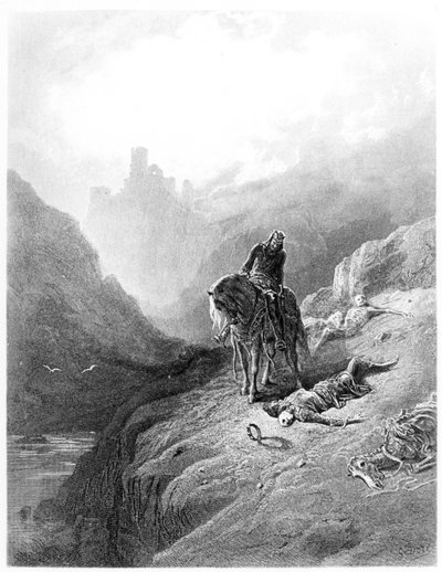 الملك آرثر يكتشف الهياكل العظمية للأخوين، رسم توضيحي من "قصص الملك" لألفريد تينيسون (ليثو) بواسطة غوستاف دور
