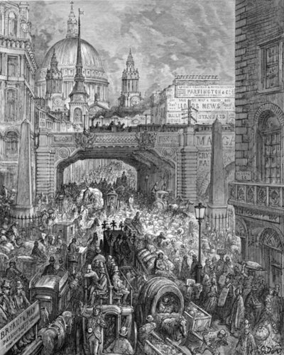 "Ludgate Hill - A block in the Street" ، ١٨٧٢. بواسطة غوستاف دور
