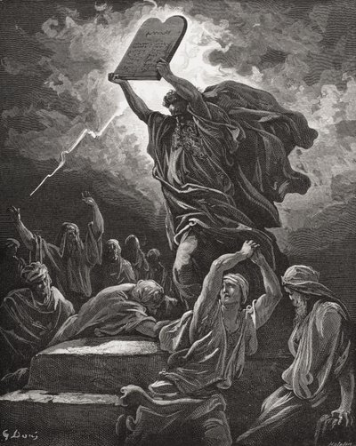 موسى يكسر ألواح الشريعة ، خروج 32:19 ، رسم توضيحي من "الكتاب المقدس" لدور ، منقوش بواسطة Hotelin ، 1866 بواسطة غوستاف دور
