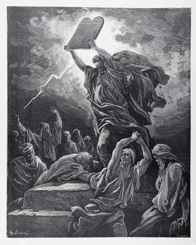 موسى يكسر ألواح الشريعة ، نقشها Hotelin ، c.1868 بواسطة Gustave Dore