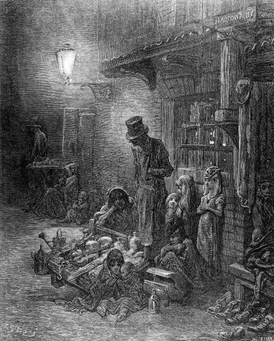 قبالة بيلينجسجيت ، منظر ل Harrow Alley ، من "لندن ، رحلة حج" ، كتبها وليام بلانشارد جيرولد (1826-1884) ، نقشها هيليودور جوزيف بيسان (1822-1890) ، حانة. 1872 بواسطة Gustave Dore