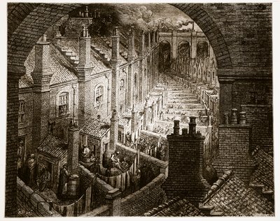 فوق لندن - بالسكك الحديدية ، من "لندن ، رحلة حج" ، كتبها ويليام بلانشارد جيرولد (1826-1894) دون نقش من قبل Pannemaker ، حانة. 1872 بواسطة Gustave Dore