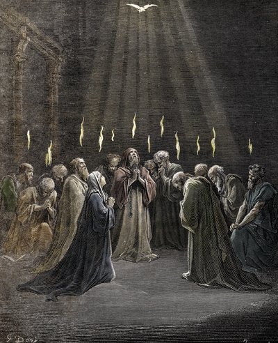 عيد العنصرة ، نزول الروح القدس على الرسل وأتباع آخرين ليسوع المسيح نقش لغوستاف دوري (1832-1883) من مجموعة خاصة "لا الكتاب المقدس" بواسطة غوستاف دور