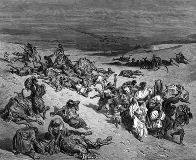 "الوباء" أحد الضربات السبع لمصر: الخروج. رسم إيضاحي لغوستاف دوري (1832-1883) رسام فرنسي ورسام كتب للكتاب المقدس (لندن 1866). نحت الخشب. بواسطة Gustave Dore