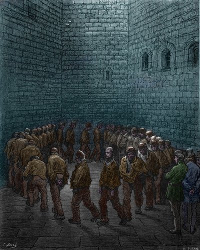 سجناء يقومون بجولات في ساحة سجن ويستجيت في لندن ، بقلم غوستاف دوري بواسطة Gustave Dore