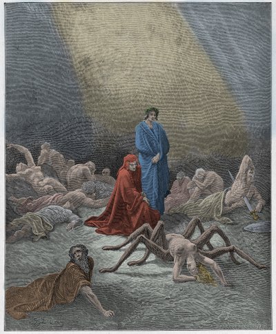 Purgatorio ، كانتو 12: يطل دانتي على روح آراكن ، التوضيح من "الكوميديا الإلهية" لدانتي أليغييري ، 1885 بواسطة غوستاف دور