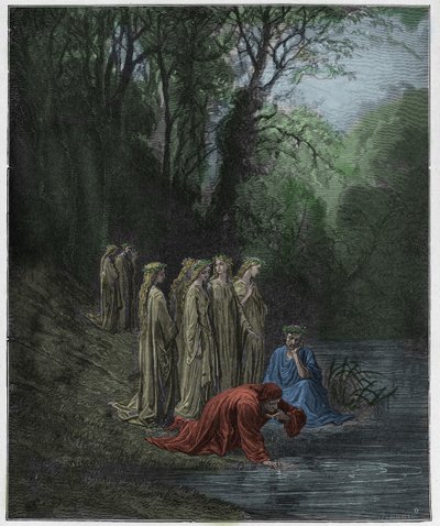 Purgatorio ، كانتو 33: مشروبات دانتي من نهر Eunoe ، التوضيح من "الكوميديا الإلهية" لدانتي Alighieri ، 1885 بواسطة غوستاف دور