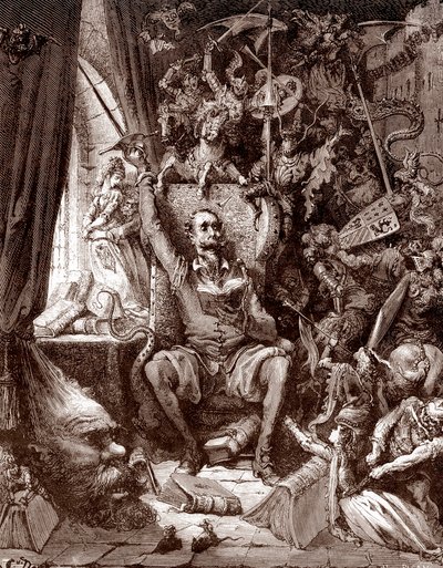 تمثيل دون كيشوت في مكتبته محاطًا بمخلوقات كتبه نقش غوستاف دوري (1832-1883) لـ "L