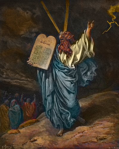 تمثيل موسى مع الألواح الجديدة لقانون جبل سيناء - نقش غوستاف دوري (1832-1883) - تلوين لاحقًا بواسطة غوستاف دور
