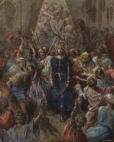 تم أسر القديس لويس في المنصورة خلال الحملة الصليبية السابعة عام 1250 - الملك لويس التاسع (1214-70) أسيرًا في مصر - نقش غوستاف دوري - من تاريخ الحروب الصليبية بقلم جوزيف فرانسوا ميشود بواسطة غوستاف دور