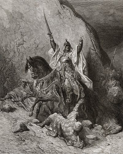 صلاح الدين يوسف (ت 11173) سلطان خلال الحملة الصليبية الثانية ، رسم توضيحي من "مكتبة الكرواسون" للمؤلف ج. ميشو ، 1877 بواسطة غوستاف دور