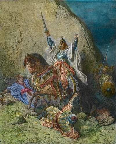 صلاح الدين العظيم - الملك صلاح الدين (1138-1193) (صلاح الدين يوسف الأيوبي) قائد القوات الإسلامية ضد الحروب الصليبية - نقش ملون في القرن التاسع عشر لجوستاف دوري - من تاريخ الحروب الصليبية بقلم جوزيف فرانسوا ميشود بواسطة غوستاف دور