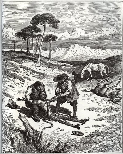 سانشو وابن عمه يسحبان دون كيخوت (نائمًا) من كهف مونتيسينوس - من "" دون كيشوت دي لا مانشا "لميغيل سيرفانتس (1547-1616) (دون كيشوت) - نقش خشبي بعد رسم غوستاف دوري بواسطة غوستاف دور