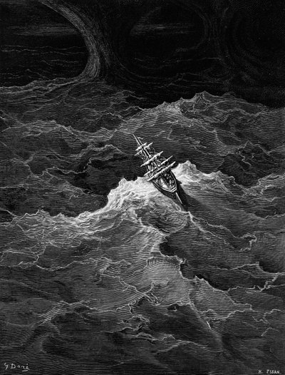 سفينة في بحر عاصف ، مشهد من "The Rime of the Ancient Mariner" بواسطة ST Coleridge ، بواسطة ST Coleridge ، نشره Harper und Brothers ، نيويورك ، 1876 (نقش الخشب) بواسطة غوستاف دور
