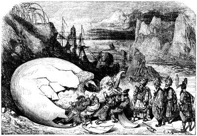 السندباد البحار (السندباد البحري) - حكاية ألف ليلة وليلة (1001) - رسم توضيحي لغوستاف دور - طبعة ماكسويل 1865 - الرحلة الخامسة: التجار المرافقون للسندباد يكسرون قشرة بيضة عملاقة لطائر الروك العملاق لاستخراج طفل ضخم بواسطة غوستاف دور