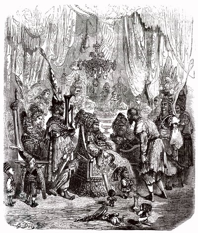 السندباد البحري (السندباد البحري) - حكاية ألف ليلة وليلة (1001) - رسم توضيحي لغوستاف دور - طبعة ماكسويل 1865 - المقدمة: يقدم حامل فقير (هنباد) نفسه أمام السندباد الذي أصبح عجوزًا وغنيًا. سيحكي الأخير مغامرته بواسطة غوستاف دور