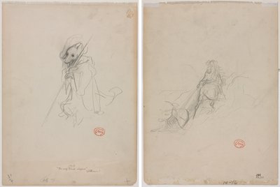 رسم تخطيطي لـ "The Wolf Turned Shepherd" (وجه الوجه) رسم تخطيطي لمشهد الصيد (ظهر) بواسطة غوستاف دور