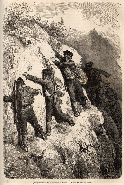 مهربون من سيرانيا دي روندا. رسم غوستاف دوري (1832-1883) ، لتوضيح رحلته إلى إسبانيا عام 1862 ، مع تش. دافيلير. نقش في "" Le Tour du monde "، تحرير إدوارد شارتون بواسطة غوستاف دور