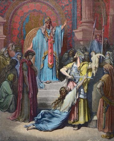 حكم سليمان - أصدر سليمان الحكم بتقسيم الطفل بين المطالبين - نقش بواسطة غوستاف دوري (1832 - 1883) - تلوين لاحقًا بواسطة غوستاف دور