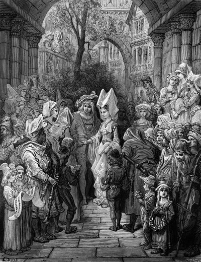 العروس والعريس يدخلان القاعة ، مشهد من "The Rime of the Ancient Mariner" بواسطة ST Coleridge ، نشره Harper und Brothers ، نيويورك ، 1876 (نقش الخشب) بواسطة غوستاف دور