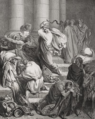 المشترون والبائعون يخرجون من المعبد ، لوقا 19: 45-46 ، صورة توضيحية من "الكتاب المقدس" لدور ، منقوش بواسطة برتراندز ، 1866 بواسطة غوستاف دور