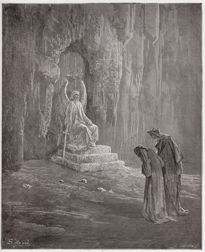 الكوميديا الإلهية (La Divina Comedia ، La Divine Comedie) ، Purgatorio ، Canto 9: Dante and Virgil at the portals of Purgatory - بواسطة Dante Alighieri (1265-1321) - رسم توضيحي بواسطة Gustave Dore (1832-1883) بواسطة غوستاف دور