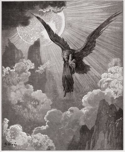 الكوميديا الإلهية (La Divina Comedia ، La Divine Comedie) ، Purgatorio ، Canto 9: Dante ، في المنام ، ينقلها نسر - بقلم دانتي أليغييري (1265-1321) - رسم توضيحي لغوستاف دوري (1832-1883) بواسطة غوستاف دور