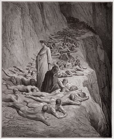 الكوميديا الإلهية (La Divina Comedy ، La Divine Comedie) ، Purgatorio ، Canto 19: أرواح الجشع: Adrian V يتحدث إلى Dante - بقلم Dante Alighieri (1265-1321) - رسم من Gustave Dore (1832-1883) بواسطة غوستاف دور