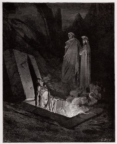 الكوميديا الإلهية (La Divina Commedia ، La Divine Comedie) ، Inferno ، Canto 10: Farinata degli Uberti تخاطب Dante - بقلم Dante Alighieri (1265-1321) - رسم من Gustave Dore (1832-1883) بواسطة غوستاف دور