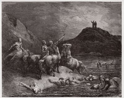 الكوميديا الإلهية (La Divina Commedia ، La Divine Comedie) ، Inferno ، Canto 12: Nessus and the Centaurs - بواسطة Dante Alighieri (1265-1321) - رسم من Gustave Dore (1832-1883) بواسطة غوستاف دور