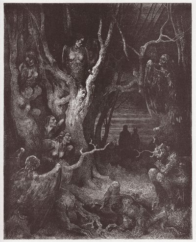 الكوميديا الإلهية (La Divina Commedia ، La Divine Comedie) ، Inferno ، Canto 13: The Harpies in the forest of suicides - بقلم دانتي أليغيري (1265-1321) - رسم من غوستاف دوري (1832-1883) بواسطة غوستاف دور