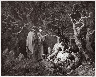 الكوميديا الإلهية (La Divina Commedia ، La Divine Comedie) ، جحيم ، كانتو 13: حالات الانتحار في الغابة - بقلم دانتي أليغيري (1265-1321) - رسم توضيحي لغوستاف دوري (1832-1883) بواسطة غوستاف دور