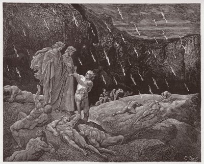 الكوميديا الإلهية (La Divina Commedia ، La Divine Comedie) ، Inferno ، Canto 15: Brunetto Latini accosts Dante - بواسطة Dante Alighieri (1265-1321) - رسم من Gustave Dore (1832-1883) بواسطة غوستاف دور