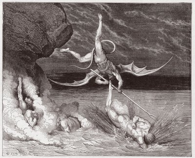 الكوميديا الإلهية (La Divina Commedia ، La Divine Comedie) ، Inferno ، Canto 22: Ciampolo يهرب من الشيطان Alichino في Bolgia الخامسة - بواسطة Dante Alighieri (1265-1321) - رسم من Gustave Dore (1832-1883) بواسطة غوستاف دور