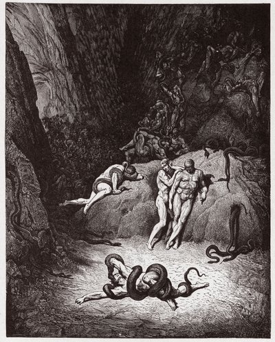 الكوميديا الإلهية (La Divina Commedia ، La Divine Comedie) ، Inferno ، Canto 25: Agnello يتحول إلى ثعبان - بواسطة Dante Alighieri (1265-1321) - رسم من Gustave Dore (1832-1883) بواسطة غوستاف دور