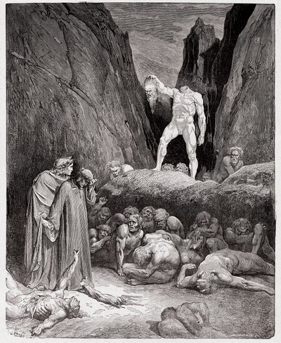 الكوميديا الإلهية (La Divina Commedia ، La Divine Comedie) ، Inferno ، Canto 28: الرأس المقطوع لـ Bertrand de Born يتحدث إلى Dante - بقلم Dante Alighieri (1265-1321) - رسم من Gustave Dore (1832-1883) بواسطة غوستاف دور