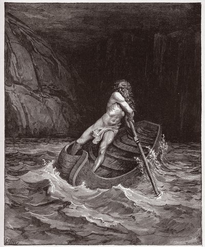 الكوميديا الإلهية (La Divina Commedia ، La Divine Comedie) ، Inferno ، Canto 3: Charon (Caron) on the River Acheron - بواسطة Dante Alighieri (1265-1321) - رسم من Gustave Dore (1832-1883) بواسطة غوستاف دور