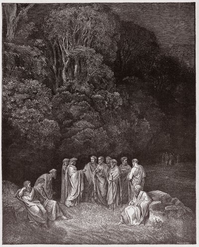 الكوميديا الإلهية (La Divina Commedia ، La Divine Comedie) ، Inferno ، Canto 4: Homer ، الشعراء ، والأبطال في Limbo - بواسطة Dante Alighieri (1265-1321) - رسم من Gustave Dore (1832-1883) بواسطة غوستاف دور