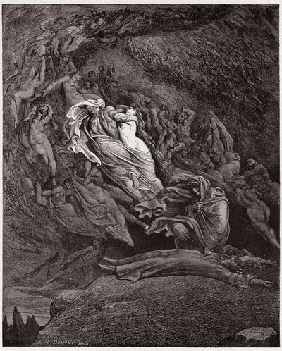 الكوميديا الإلهية (La Divina Commedia ، La Divine Comedie) ، جحيم ، كانتو 5: تصف فرانشيسكا وفاتها - بقلم دانتي أليغيري (1265-1321) - رسم توضيحي لغوستاف دوري (1832-1883) بواسطة غوستاف دور