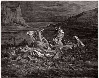 الكوميديا الإلهية (La Divina Commedia ، La Divine Comedie) ، Inferno ، Canto 8: Phlegyas ferries Dante and Virgil عبر Styx - بواسطة Dante Alighieri (1265-1321) - رسم من Gustave Dore (1832-1883) بواسطة غوستاف دور