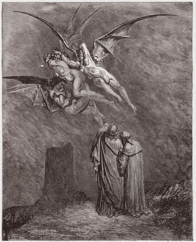 الكوميديا الإلهية (La Divina Commedia ، La Divine Comedie) ، Inferno ، Canto 9: The Erinyes البشعة: Megaera ، Tisphone ، Alecto - بقلم Dante Alighieri (1265-1321) - رسم توضيحي لـ Gustave Dore (1832-1883) بواسطة غوستاف دور