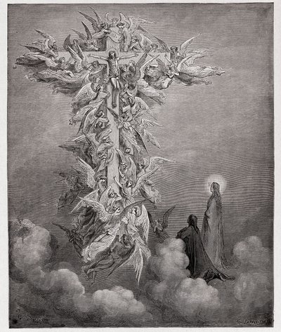 الكوميديا الإلهية (La Divina Commedia ، La Divine Comedie) ، Paradiso ، Canto 14: Dante and Beatrice يرون الملائكة مع المسيح على الصليب - بقلم دانتي أليغييري (1265-1321) - رسم توضيحي لغوستاف دوري (1832-1883) بواسطة غوستاف دور