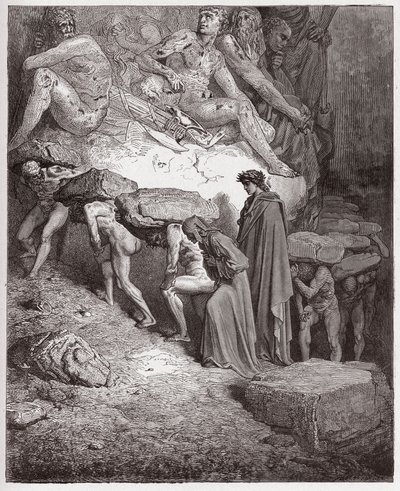 الكوميديا الإلهية (La Divina Commedia ، La Divine Comedie) ، Purgatorio ، كانتو 11: أرواح الكبرياء ، تحمل الحجارة الثقيلة - بقلم دانتي أليغيري (1265-1321) - رسم من غوستاف دوري (1832-1883) بواسطة غوستاف دور