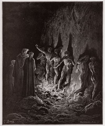 الكوميديا الإلهية (La Divina Commedia ، La Divine Comedie) ، Purgatorio ، Canto 25: المرور الشهواني من خلال النار في الدائرة السابعة - بقلم دانتي أليغييري (1265-1321) - رسم من غوستاف دوري (1832-1883) بواسطة غوستاف دور