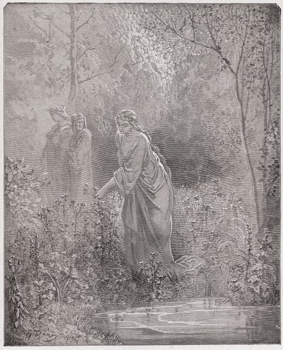 الكوميديا الإلهية (La Divina Commedia ، La Divine Comedie) ، Purgatorio ، Canto 27: حلم Dant لـ Leah في المرج - بواسطة Dante Alighieri (1265-1321) - رسم من Gustave Dore (1832-1883) بواسطة غوستاف دور