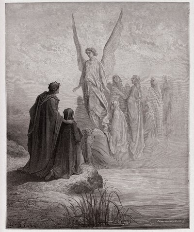 الكوميديا الإلهية (La Divina Commedia ، La Divine Comedie) ، Purgatorio ، كانتو 2: الطيار السماوي يهبط بالقارب - بقلم دانتي أليغيري (1265-1321) - رسم توضيحي لغوستاف دوري (1832-1883) بواسطة غوستاف دور