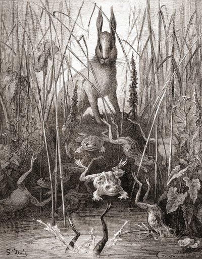 The Hare and The Frogs ، من طبعة أواخر القرن التاسع عشر من Fables de La Fontaine (نقش الخشب) بواسطة غوستاف دور