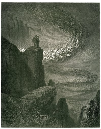 جهنم دانتي أليغيري (الكوميديا ​​الإلهية) التي رسمها غوستاف دوري. الطبعة الفرنسية عام 1861. "العاصفة الجهنمية التي لا تبقى / تهزم الأرواح بنهبها. (الإعصار الجهنمي ، الذي لا يتوقف أبدًا ، يجذب الأرواح إلى زوبعته) "، بواسطة غوستاف دور