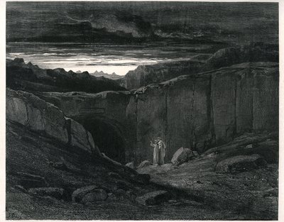 جحيم دانتي أليغييري (الكوميديا الإلهية) رسمها غوستاف دور. الطبعة الفرنسية لعام 1861. دانتي وفيرجيل عند مدخل الجحيم: "اتركوا كل أمل يا من تدخلون". (اتركوا كل أمل، أيها الداخلون)"، الأغنية 3. v.9. بواسطة غوستاف دور