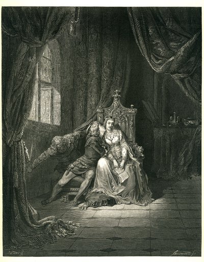 جحيم دانتي أليغييري (الكوميديا الإلهية) رسمها غوستاف دور. الطبعة الفرنسية لعام 1861. فرانشيسكا دا ريميني وعشيقها: "Quel giorno piu piu non vi leggemo avante. (هذا اليوم لا نقرأ أكثر من ذلك)"، أنشودة 5. v. 138 بواسطة غوستاف دور